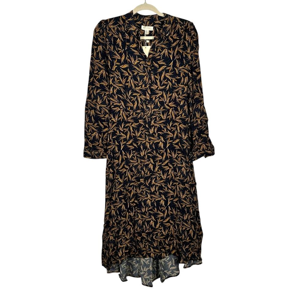 Anthropologie See U Soon Navy Blue With Brown Leaves Blue Dots Dress Small
